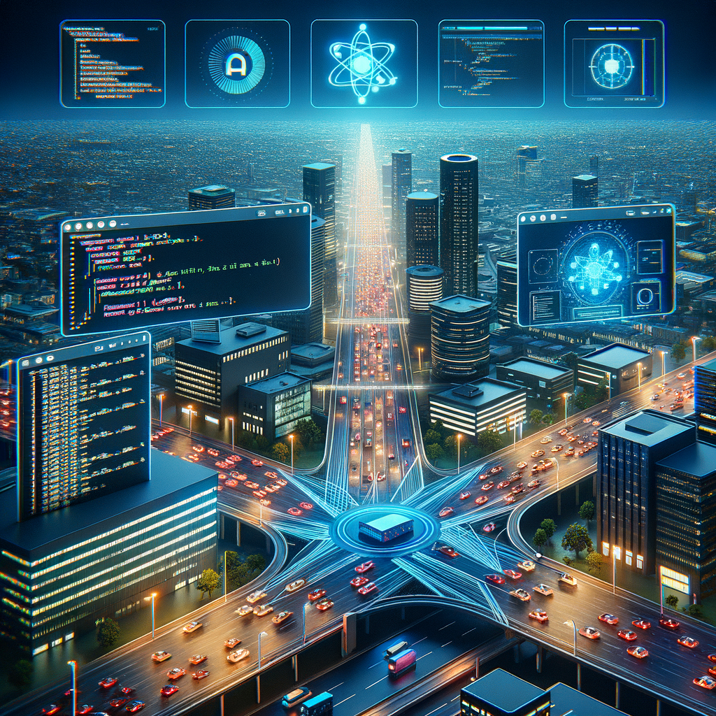Illustration of a smart city utilizing edge computing for traffic management